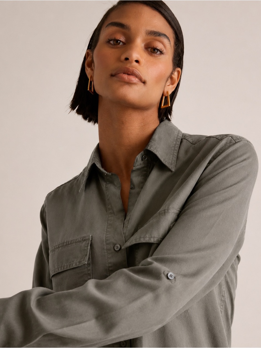 Quince Vintage Wash Tencel Utility Shirt Olive Green Button-Up Size Small - Picture 5 of 11